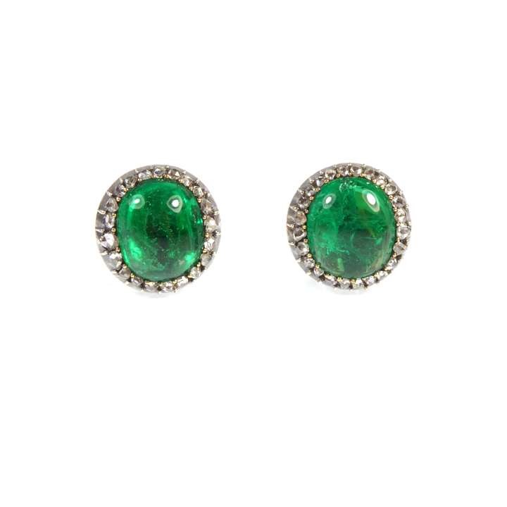 Pair of antique cabochon emerald and diamond cluster stud earrings